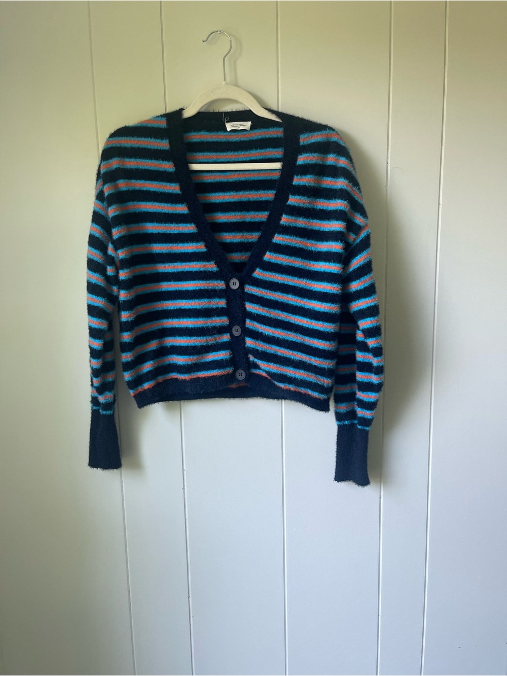 American Vintage Navy Striped V-Neck Cardigan with Blue and Coral Accents
